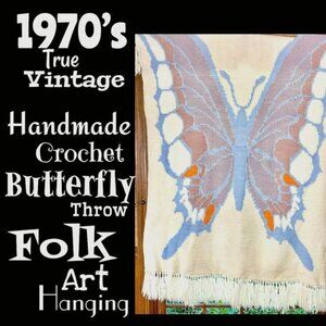 ▪️VTG▪️Folk Art OOAK Handmade Crochet Butterfly Throw Twin Bed Festival Blanket